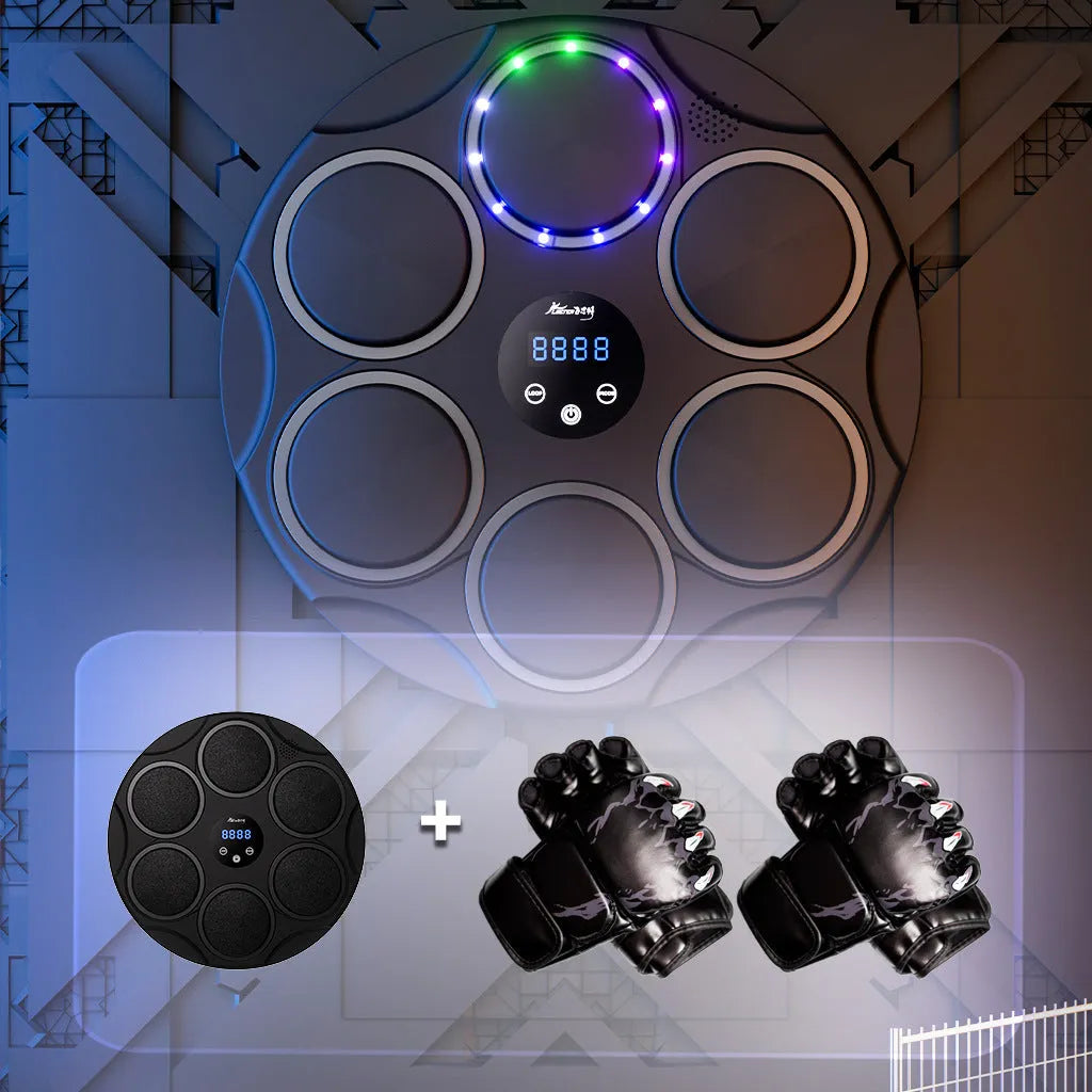Black smart Bluetooth boxing target with coloured LED lights hanging on wall