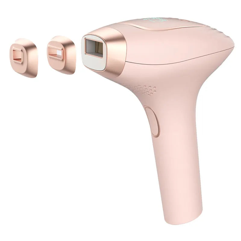 Pink and white laser hair removal device with ice-sensing technology, shaver attachment, and protective glasses