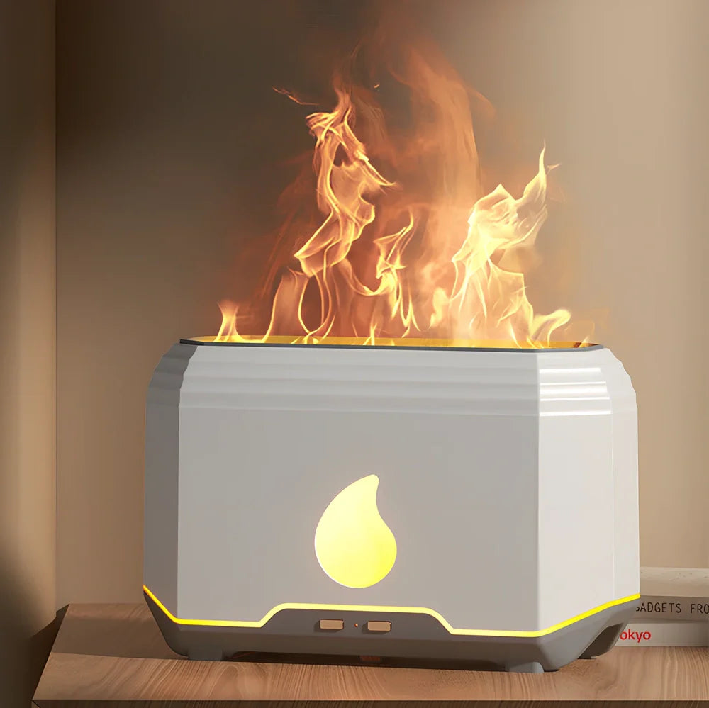 White intelligent flame aromatherapy humidifier with 200ml tank and USB power for mist and oil diffusion