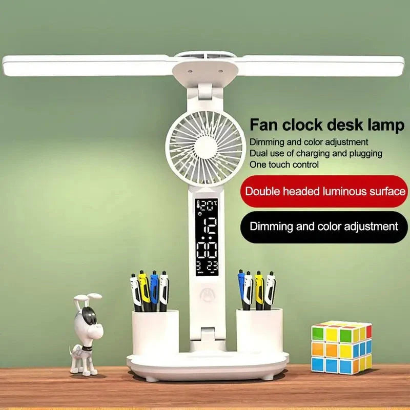 Foldable LED desk lamp with thermometer, calendar, fan, and pen holder