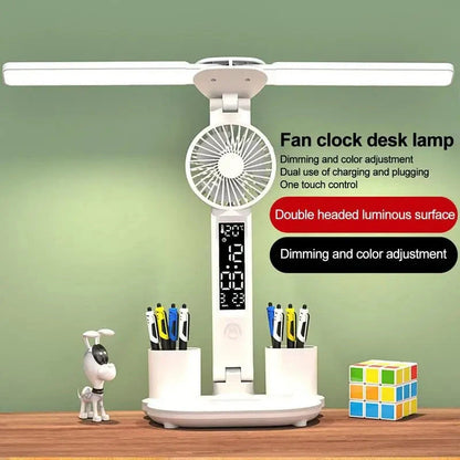 Foldable LED desk lamp with thermometer, calendar, fan, and pen holder