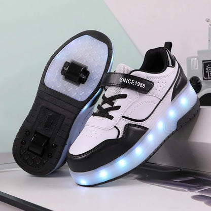 Children's charging flash roller skates with LED lights in pink, white, purple, and black colour options