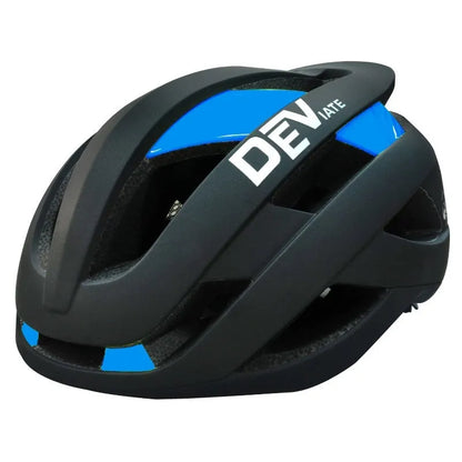 Adult adjustable mountain bike helmet in matte black with coloured graphics, showing ventilation net and sizing dial.