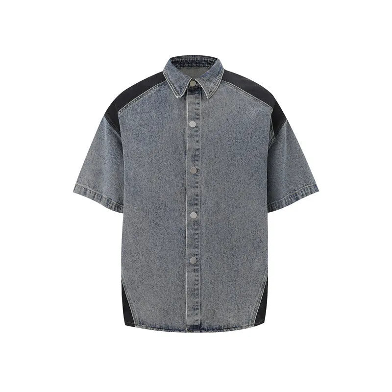 Retro washed denim jeans suit with short sleeves, available in black or blue, sizes M to XXXL, for summer street wear.