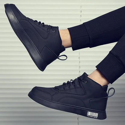 White mid-top sports board shoes for men with round toe, flat 1-3cm heel, and rubber sole