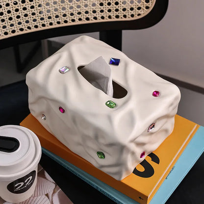 Ceramic tissue box with gem party design in matte white or silver finish