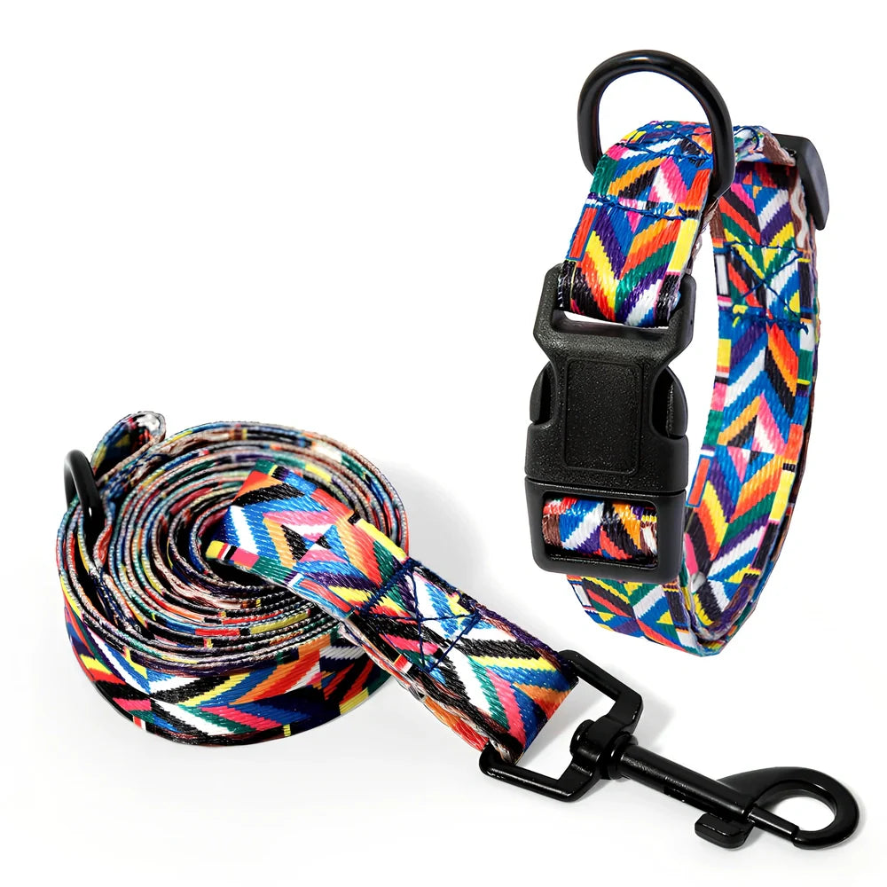 Adjustable dog collar and leash set with Bohemian pattern for dogs 3-27kg
