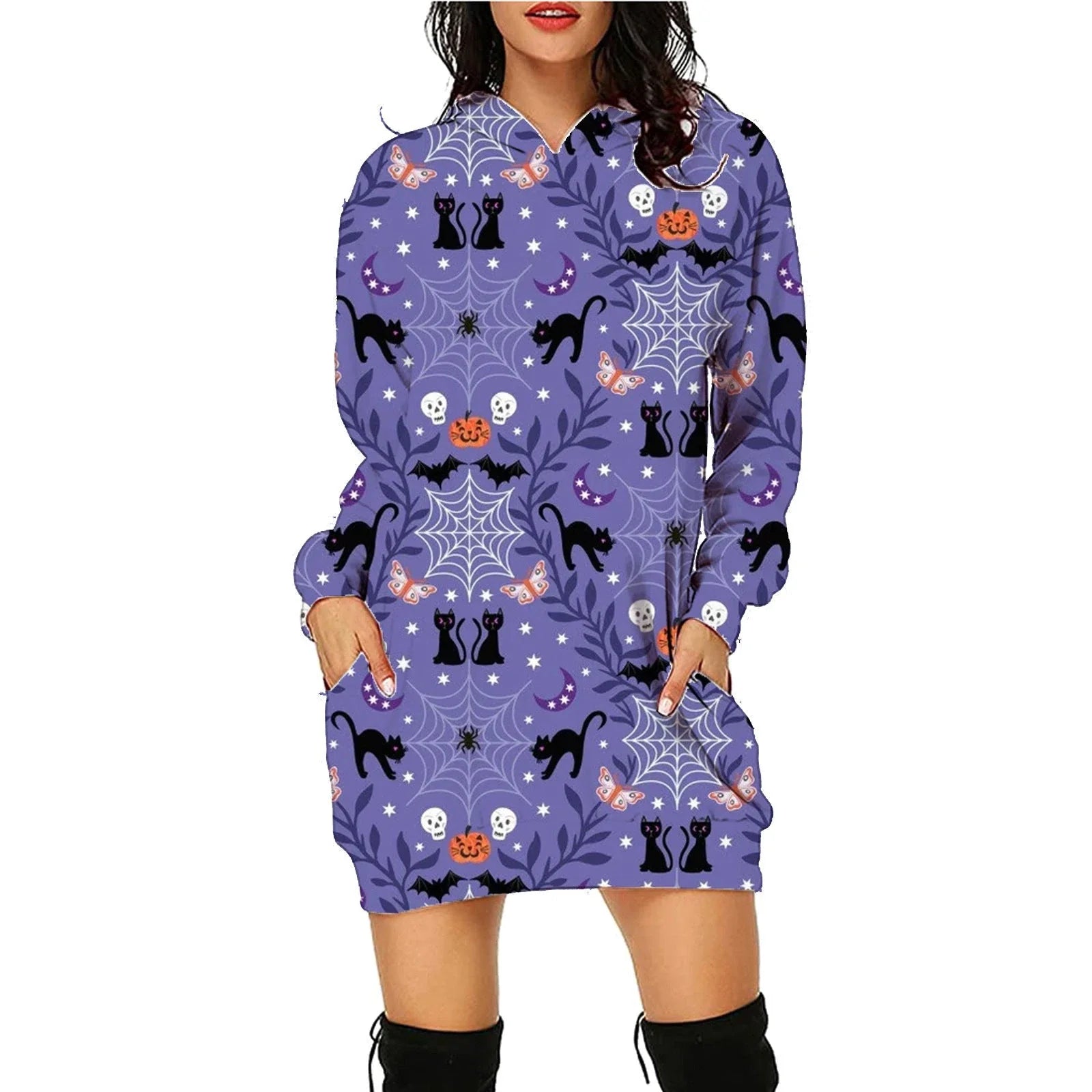 A comfortable and stylish Halloween-themed hooded sweatshirt with a unique printed design and convenient front pockets.