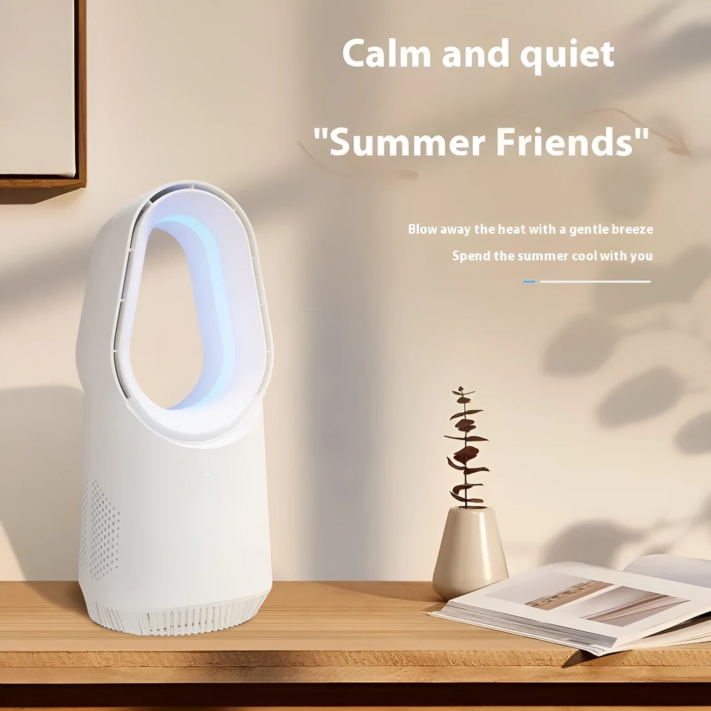 White SK bladeless tower fan with remote control on a wooden desk.