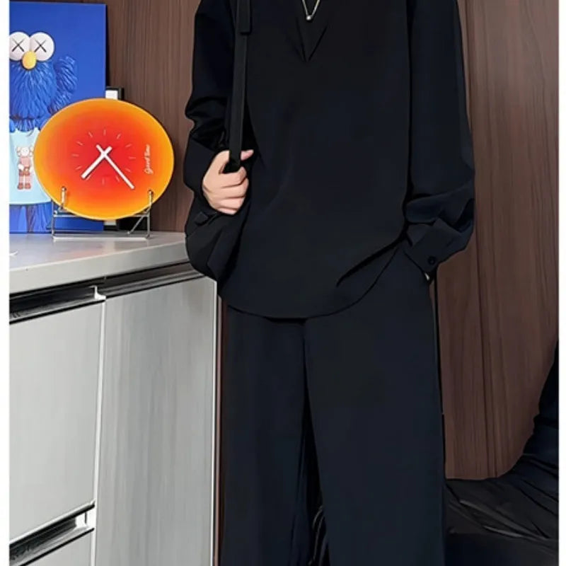 Men's two-piece casual suit with long sleeve polo shirt and trousers in elastic hemp fabric