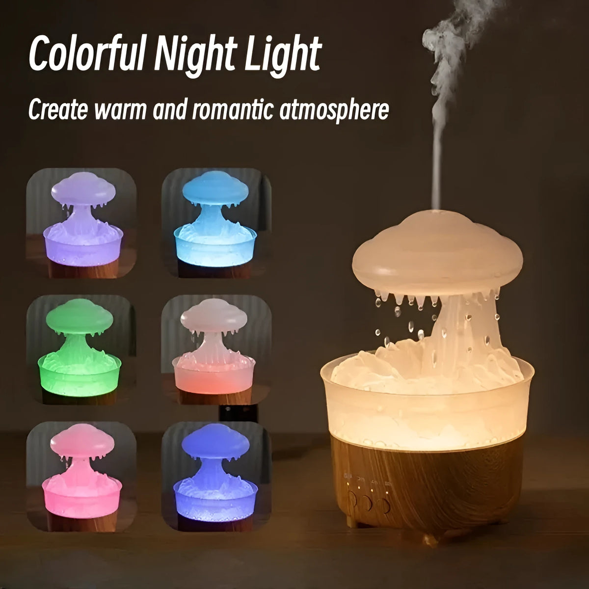 Wood grain cloud-shaped humidifier diffuser with coloured night light and water droplets