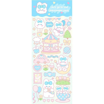 Assorted colourful cartoon PVC waterproof stickers on a sheet for notebook and planner decoration.