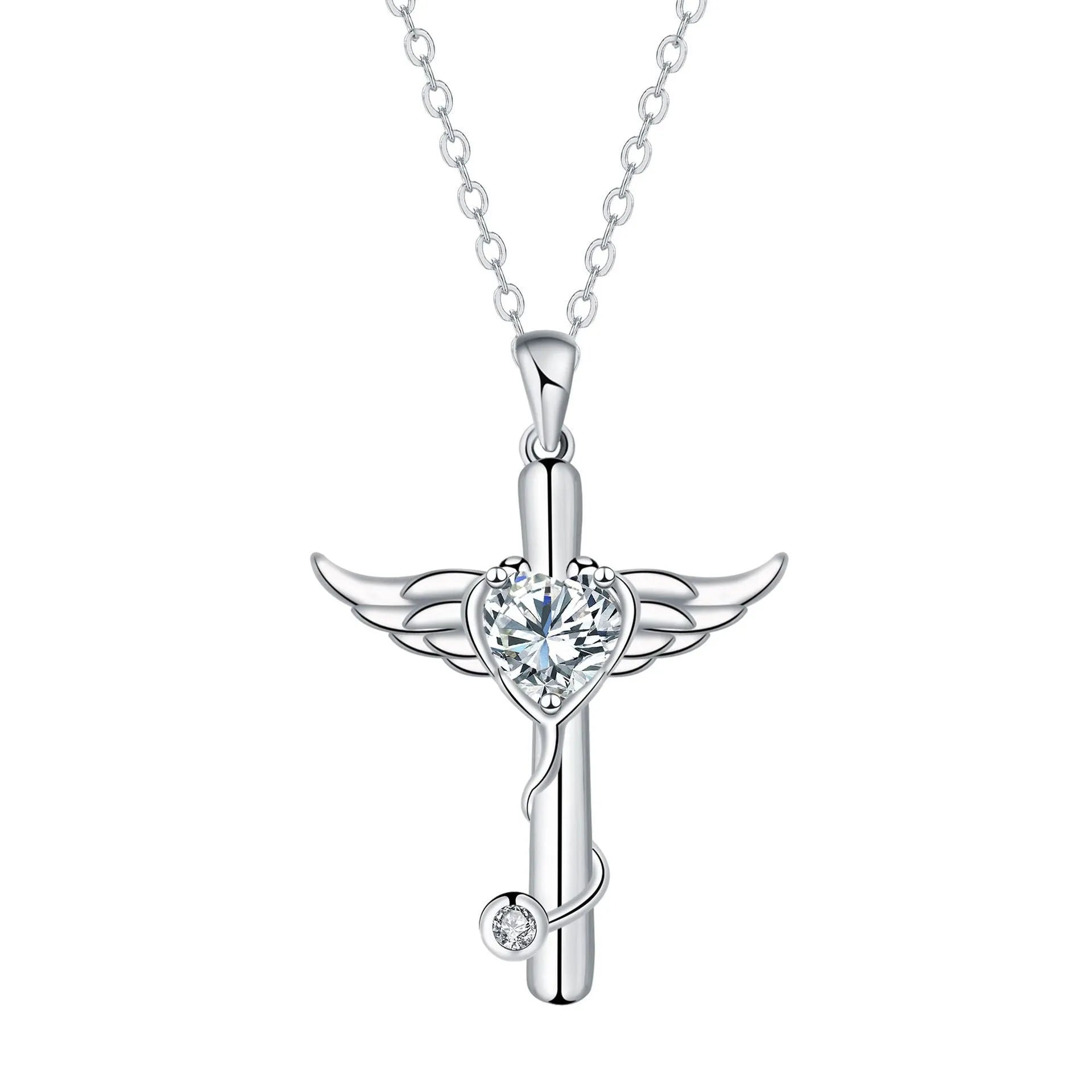 Wings cross stethoscope necklace for women in electroplated copper with diamond colour accents