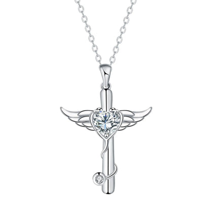 Wings cross stethoscope necklace for women in electroplated copper with diamond colour accents
