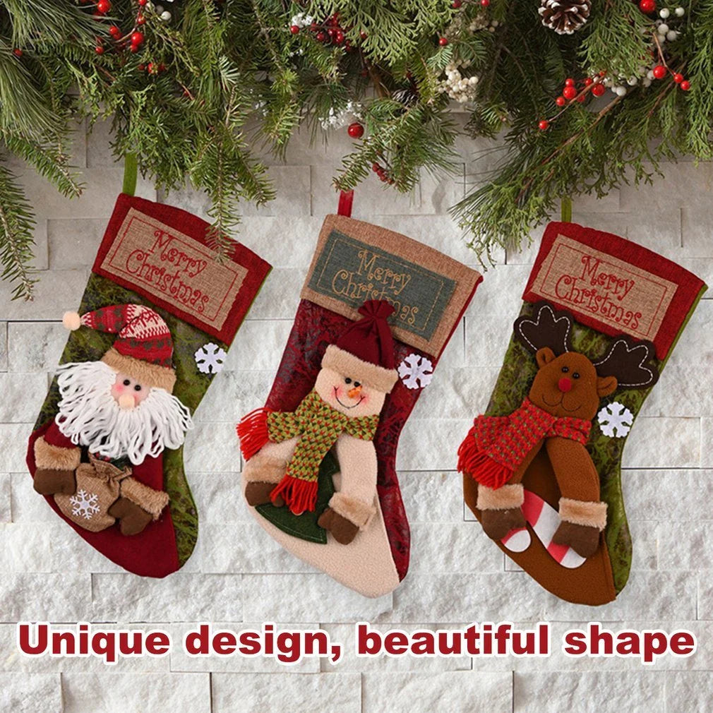 Festive Burlap Christmas Stockings with 3D Appliqué Designs of Santa, Snowmen, and Elk