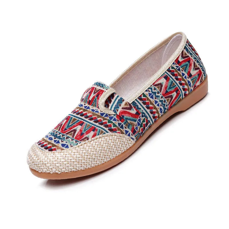 Women's ethnic style cloth shoes with shallow mouth design, colour stitching, and flat heel