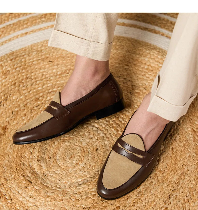 Coffee grey suede leather loafers with rubber sole and kick closure in British style