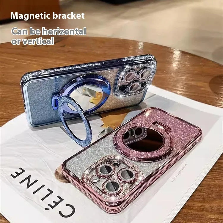 Glittering gradient iPhone case with an attached bracket for holding a makeup mirror.