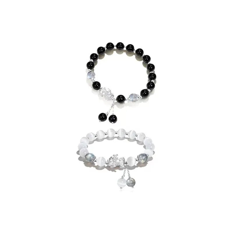 Handmade natural black agate couple bracelet with 10mm wave design and grey colour options