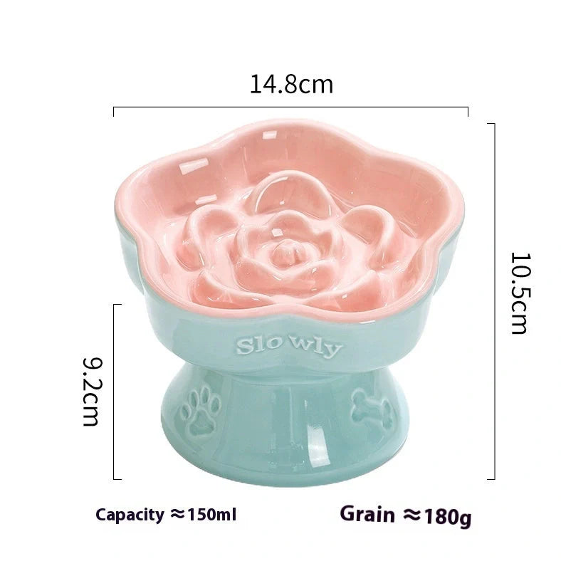 White ceramic pet bowl with high foot neck protector showing 15cm diameter and 8cm height measurement