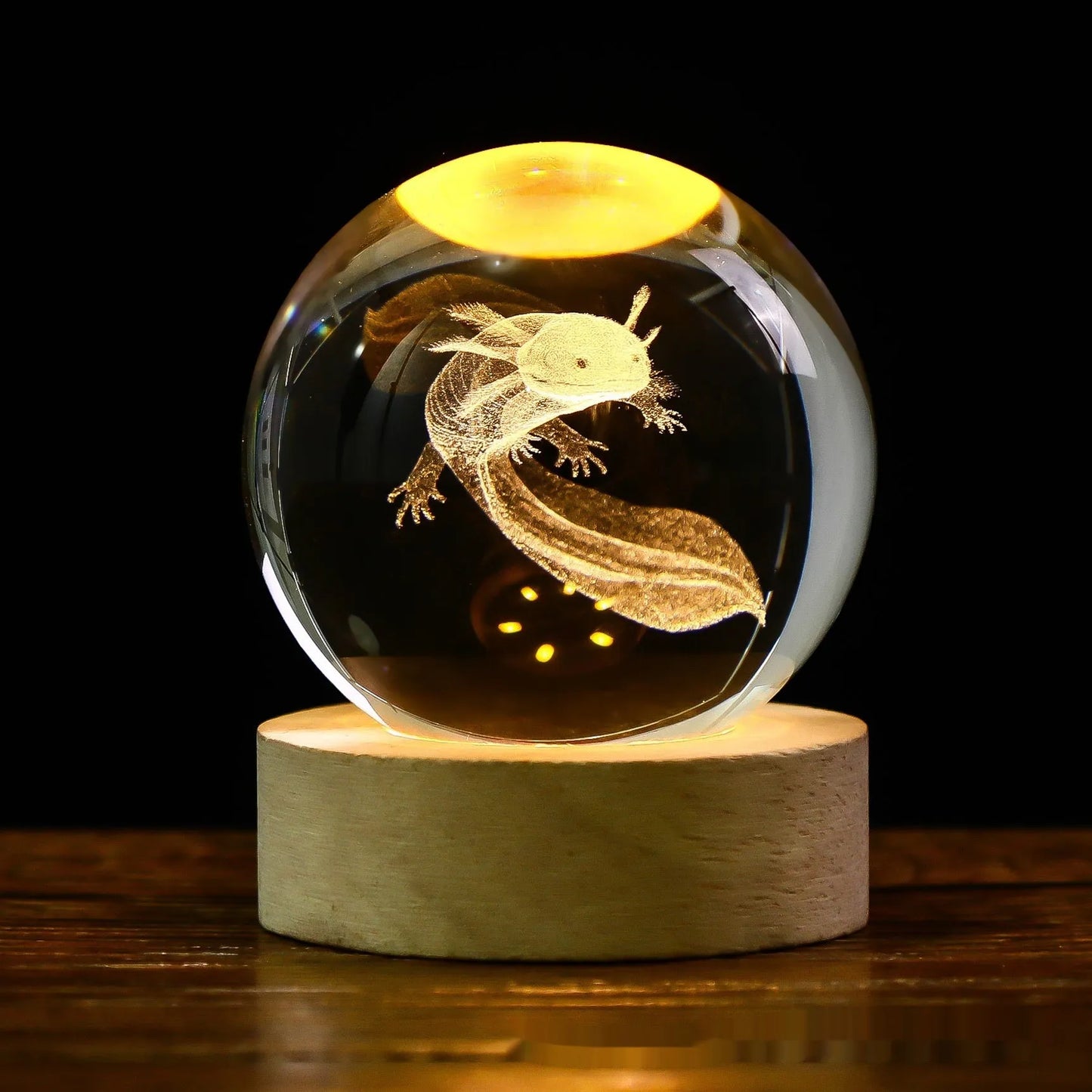 Crystal ball night light projecting 3D starry sky and planets with solid wood base