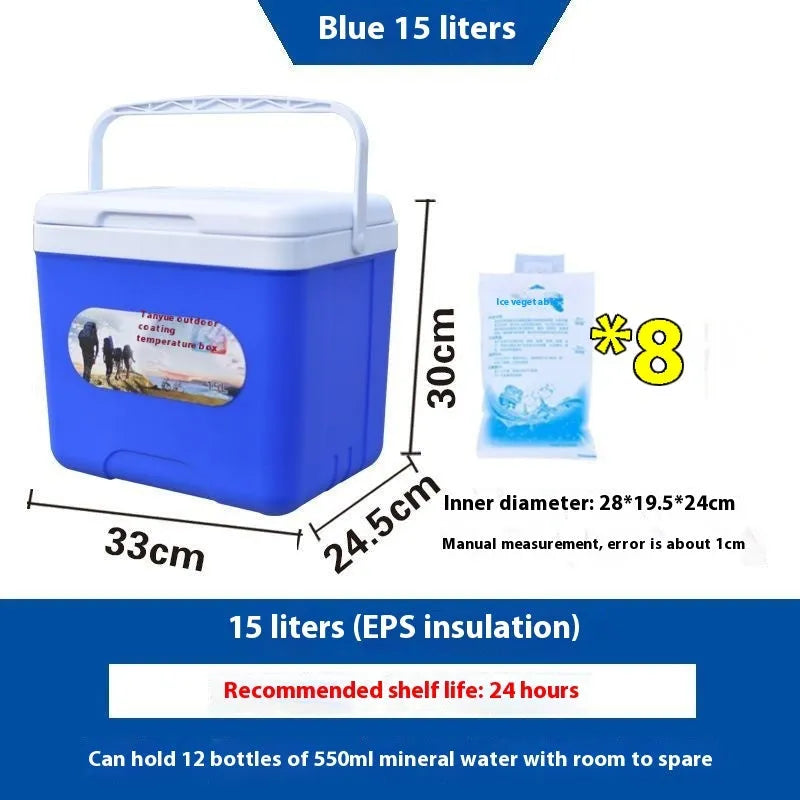 Blue aluminium foil insulated portable cooler box with multiple capacity size options.