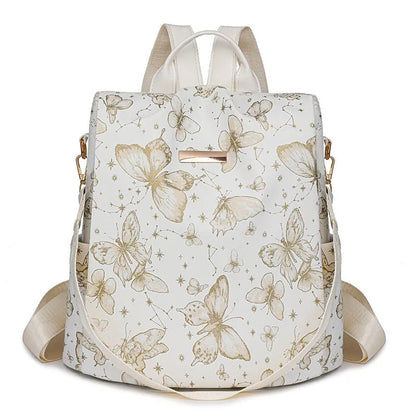 Butterfly printed large capacity PU backpack in various colours with sewing line details and an ergonomic back.