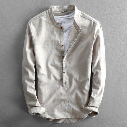 Men's casual linen shirt with long sleeves and loose fit in light gray, light blue, white, and dark blue