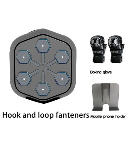 Black smart music boxing machine with Bluetooth connection and velcro design for home fitness training