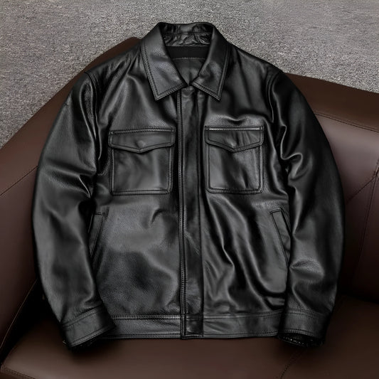 Man's black lapel PU leather jacket with side seam pockets, shown on a hanger.