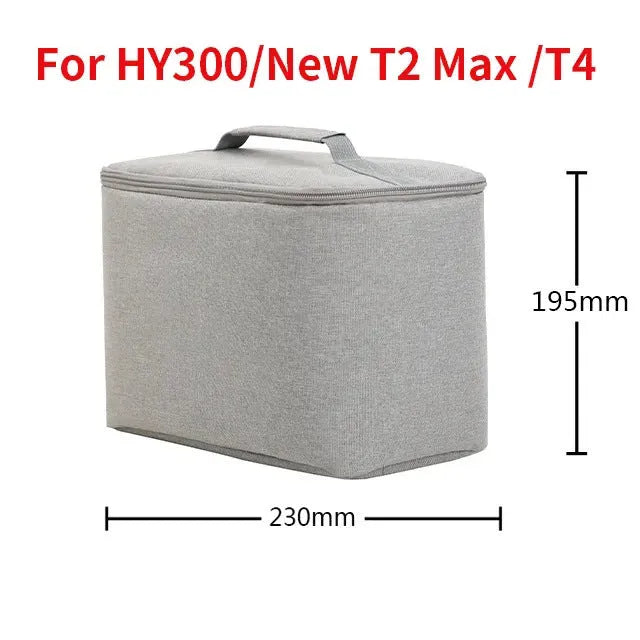 Grey Oxford cloth HY300 projector storage bag, 230x135x195mm, crossbody carry case with curved shoulder strap and lock