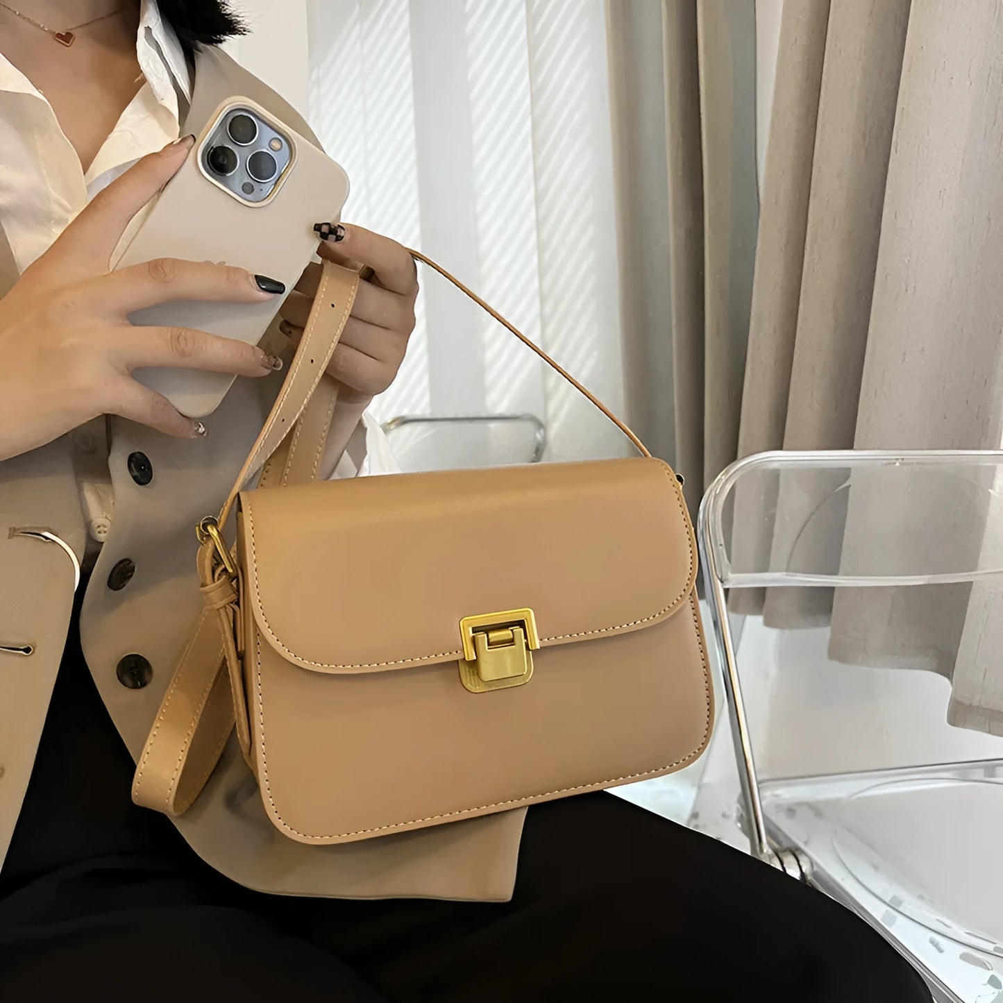 Women's soft PU one-shoulder underarm square handbag in horizontal shape with cross-body strap