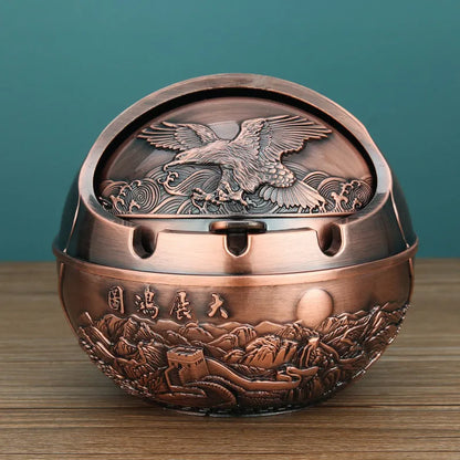 Alloy ashtray with smoke extinguishing slot in bronze finish, featuring Dragon and Phoenix motif, S size