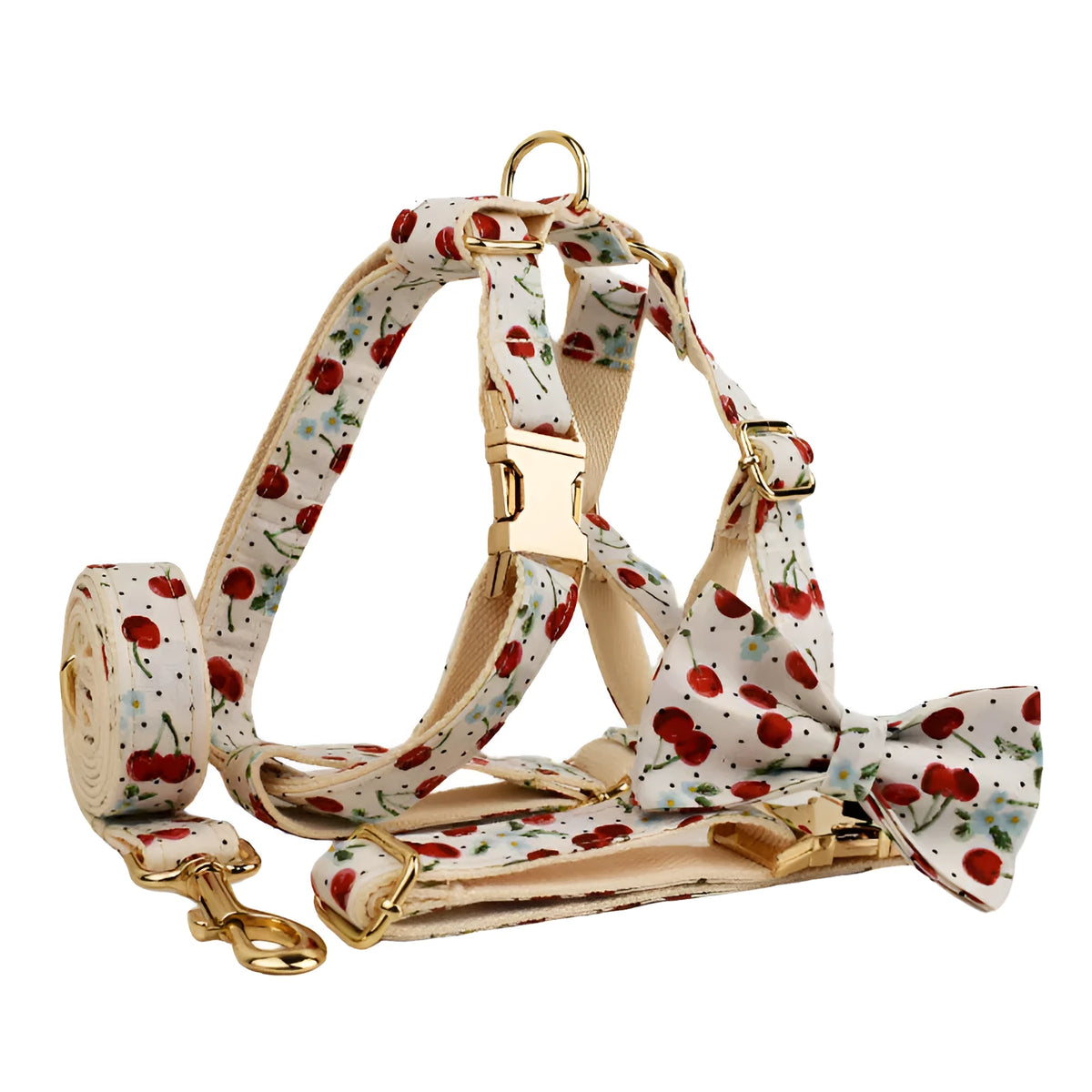 Red cherry print dog collar set with light gold buckle and matching accessories