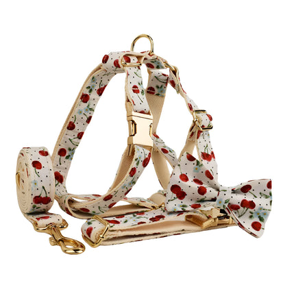 Red cherry print dog collar set with light gold buckle and matching accessories