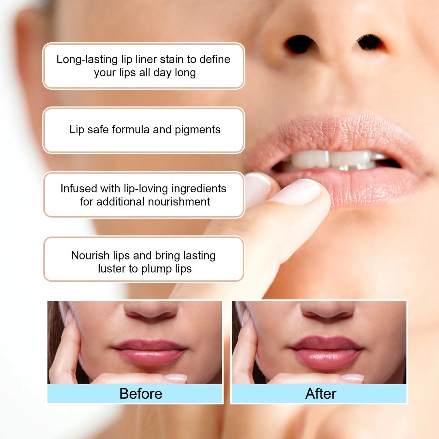 Waterproof lip liner in various shades for defining and enhancing natural lip shape