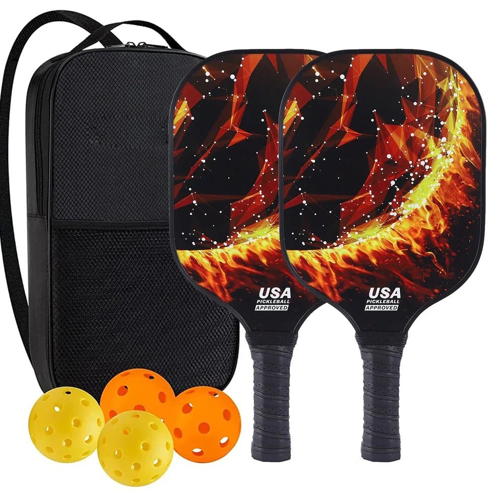 Peak Racket fibreglass squash set showing two rackets and four balls for complete playing equipment