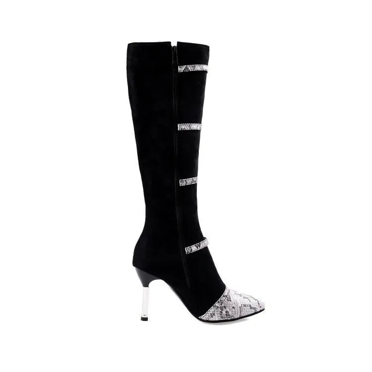 Women's grey and black knee-high boots with 9cm thin high heels, velvet lining, and rubber soles