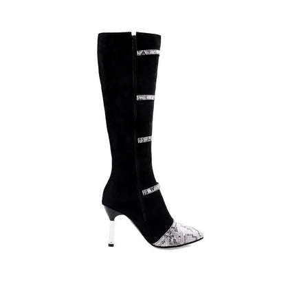 Women's grey and black knee-high boots with 9cm thin high heels, velvet lining, and rubber soles