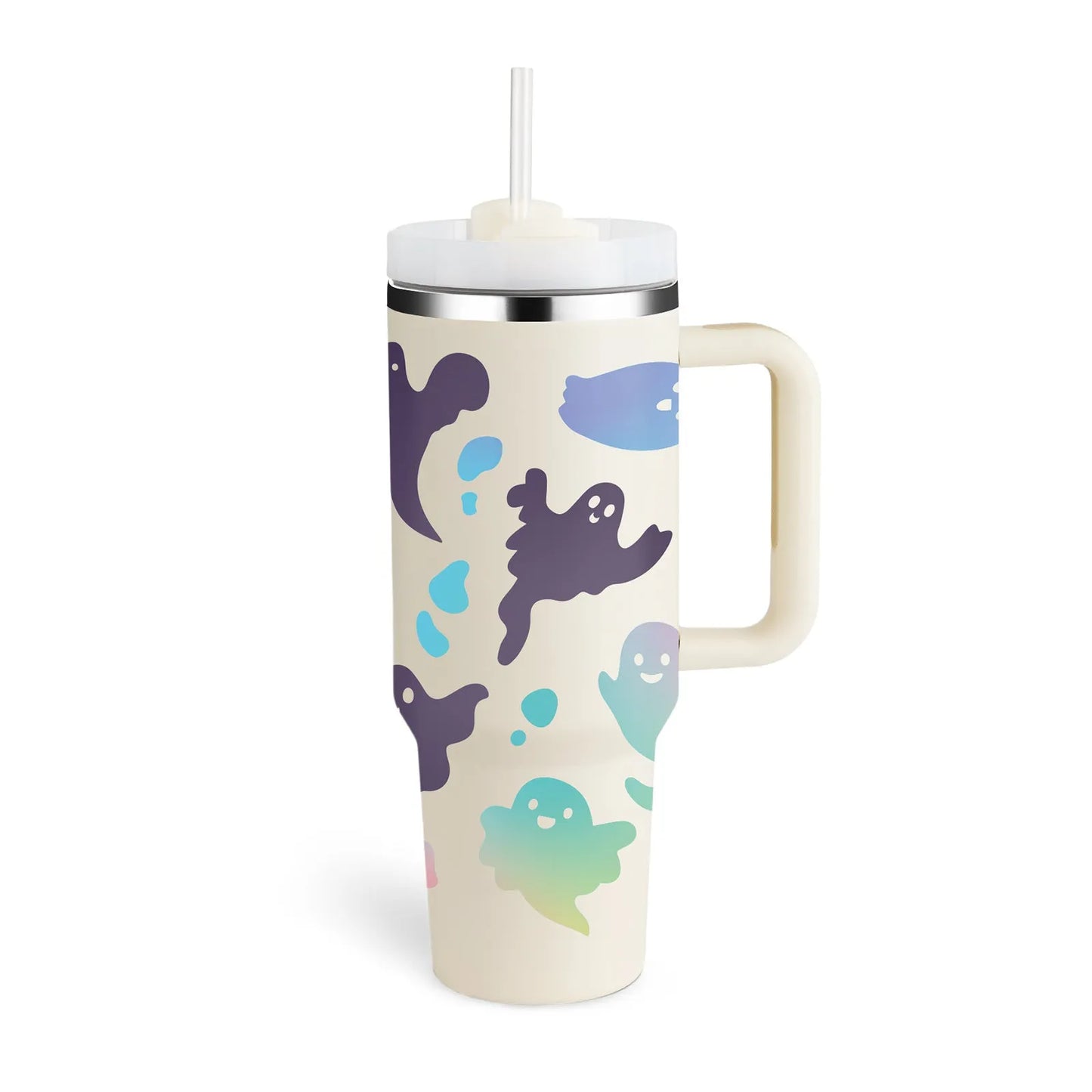 40 oz stainless steel insulated tumbler with handle and straw in tapered mug design