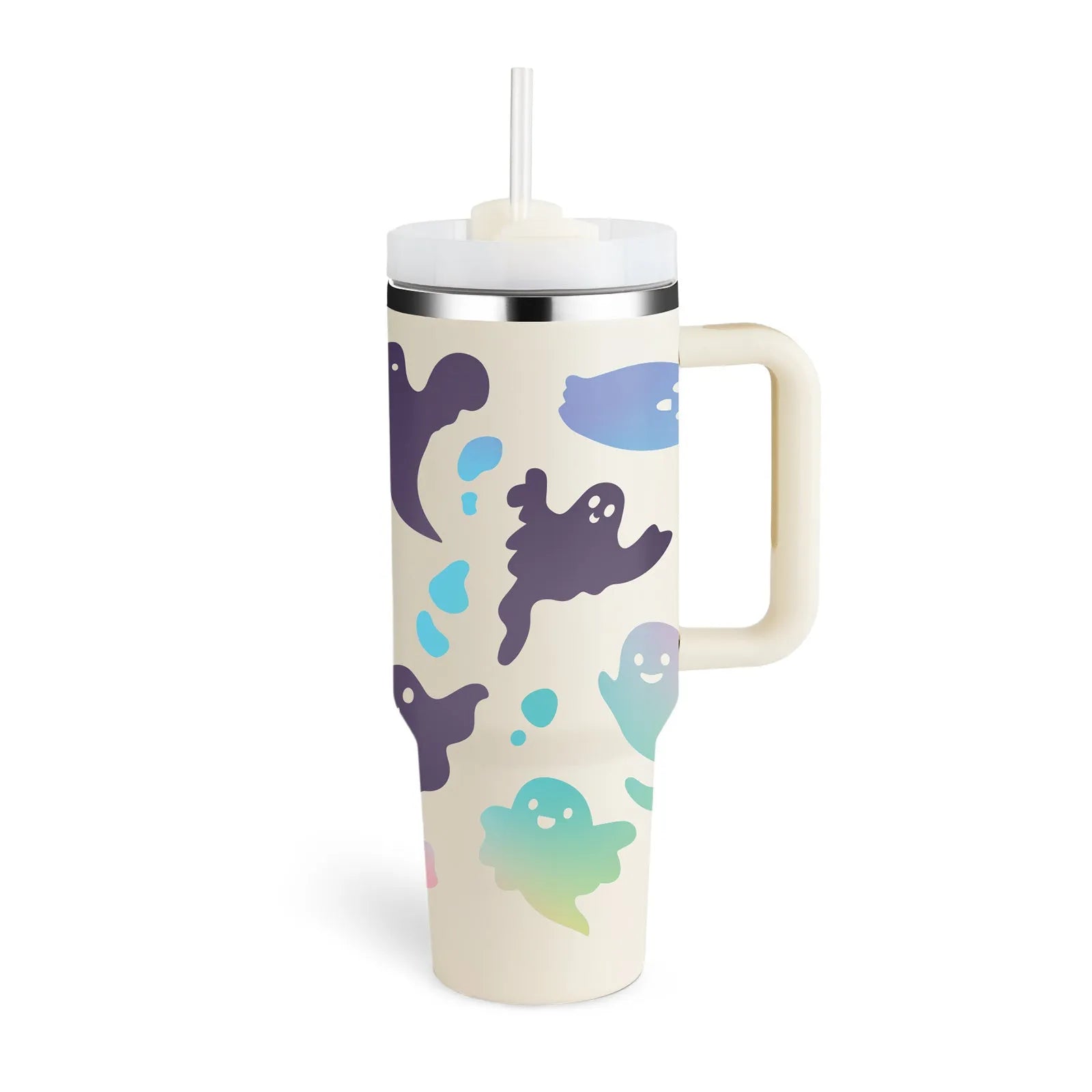 40 oz stainless steel insulated tumbler with handle and straw in tapered mug design