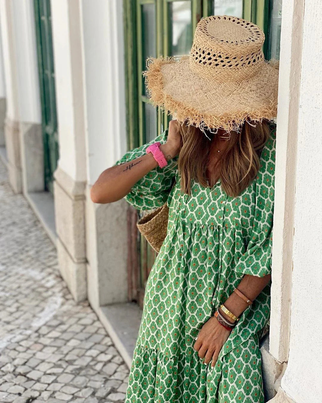 Elegant boho-chic summer dress with floral print in various color options