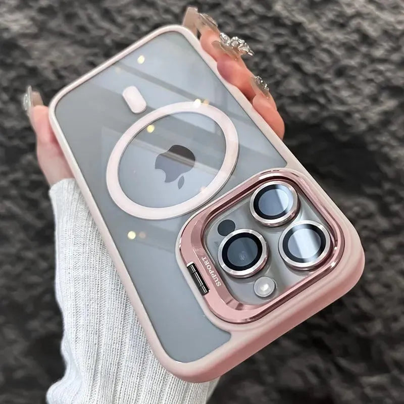 Invisible Bracket Transparent Phone Case with CD Pattern Lens Protector, PC Shockproof Magnetic Anti-Fall Cover for iPhone 16, 15, 14 and 13 Models, Hollow Electroplated Design, Multiple Colours