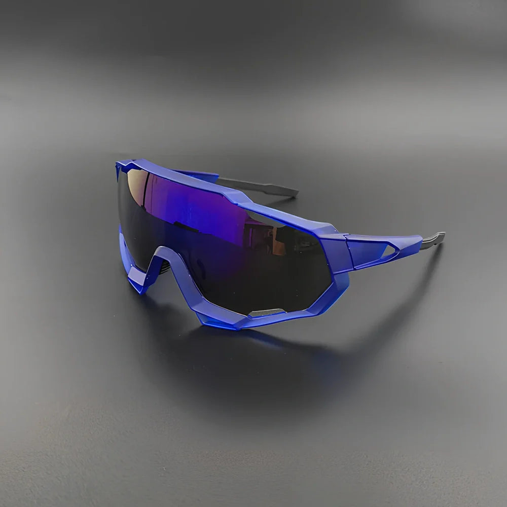 Cycling glasses with interchangeable lenses showing UV400 protection and lightweight frame design