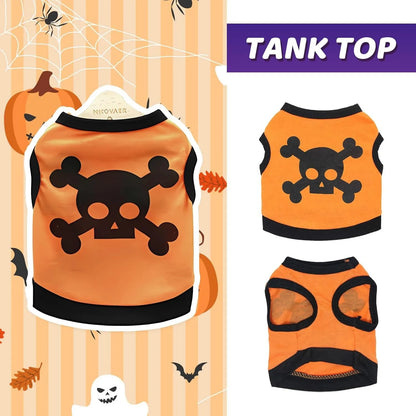 Blue dog vest with orange skull bones pattern, tank top style for a small dog.