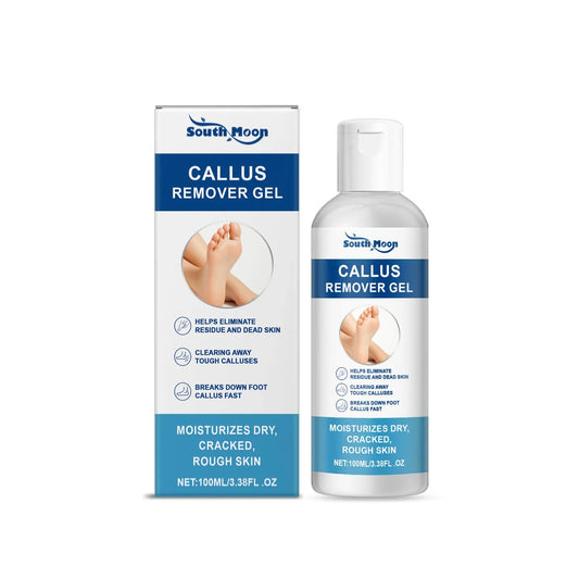 Callus remover gel in 100g container with ingredients like glycerin, coconut oil, tea tree oil, and aloe extract for foot care