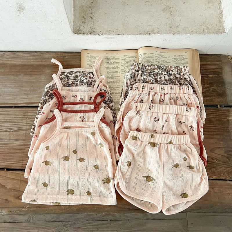 Danish-style children's loungewear two-piece set with 100% cotton corduroy fabric, available in five height options from 66cm to 100cm for summer wear