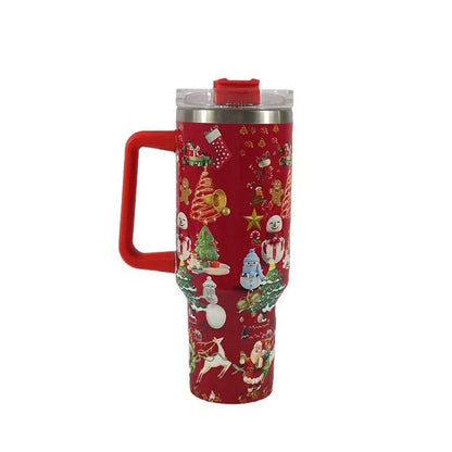 Stainless steel travel tumbler with handle, 1200ml capacity, Christmas pattern design, car cup holder compatible