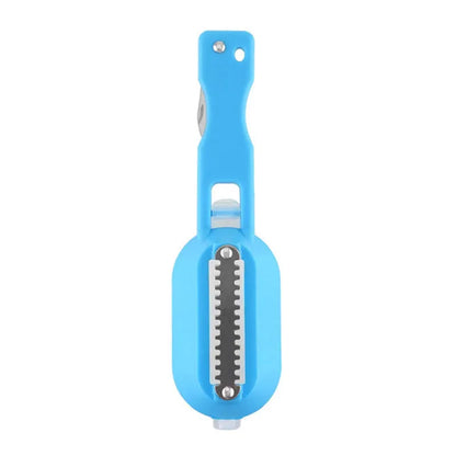 Fish scaler with fish-shaped handle and integrated scale cover for kitchen fish preparation