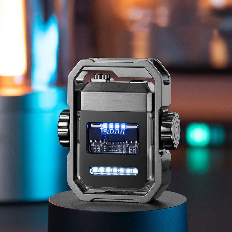Pulse Lighter showing double arc flame, mechanical gyroscope, and folding zinc alloy body in blue colour